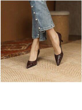 FOWT Brown Solid Croc-Embossed Pointed Toe Women Dressy Slip on High Heels Pumps